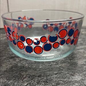 7201 Pyrex Bubble Gum Polka Dot Glass Bowl with Red and Blue Circles. Fair cond